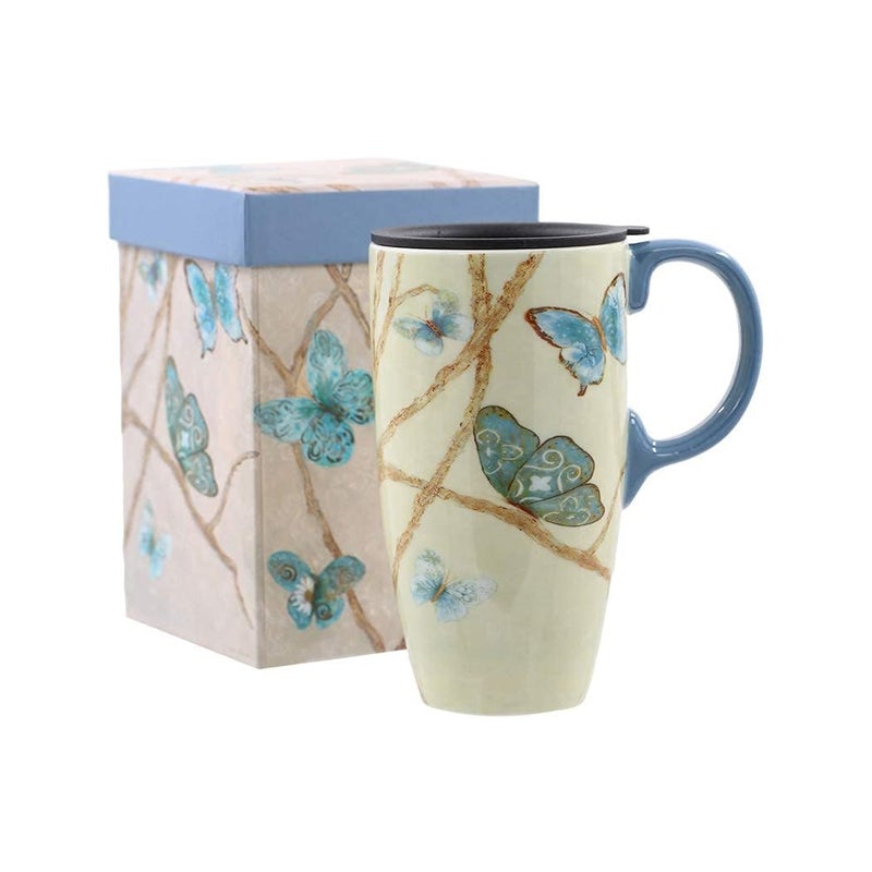 Topadorn Coffee Ceramic Mug Porcelain Latte Tea Cup With Lid 17oz,Novelty Coffee Mugs for Office & Home Blue - Image 1